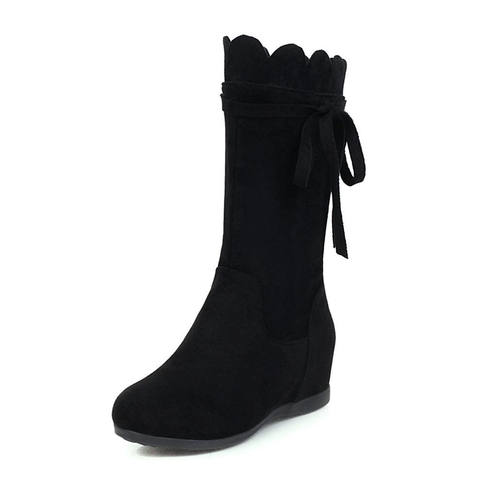 Fashion Women Winter New Versatile Boots Mid Calf Low Heeled Zip Boots Chunky Heel Bow Boots Sweet Girls Botas Mujer Black Apricot
