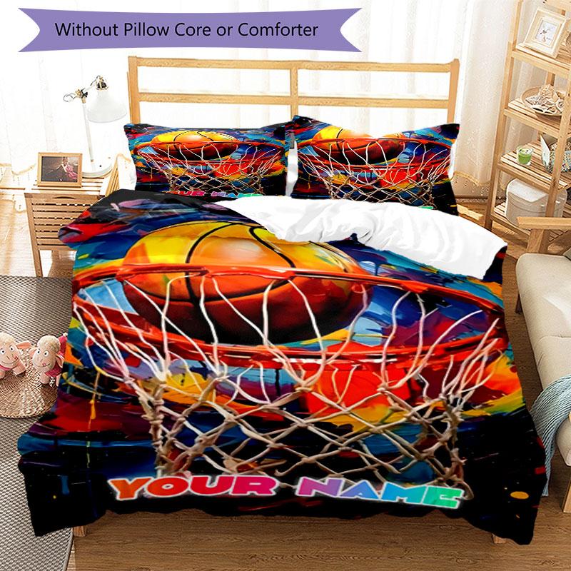 3PC Custom Name Basketball Hoop" Bedding Set Printed Bedding Set Duvet Cover Closure Includes 1 Duvet Cover & 2 Pillowcases for All Seasons Bedroom