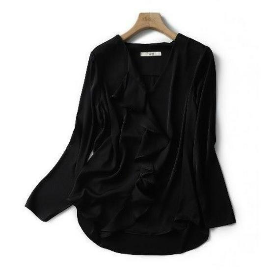 

Women s White Mulberry Silk Ruffle Blouse - French Style for Spring and Autumn Large