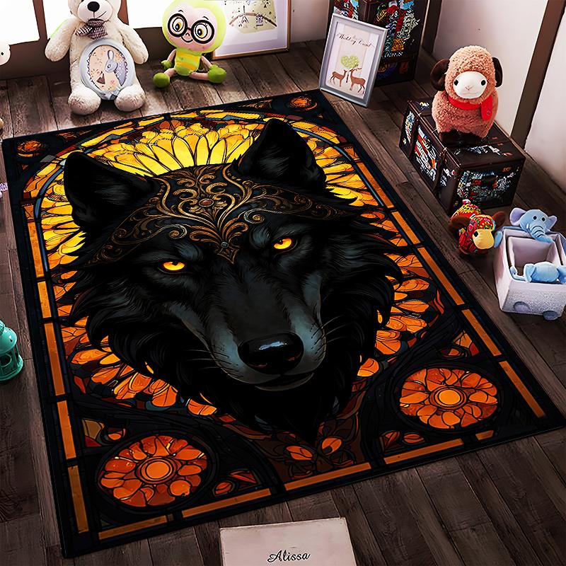 "Black Wolf with Golden Eyes Carpet, Mandala Floral Pattern Design" Suitable for Use As an Anti-slip for Living Room Bedroom Sofas