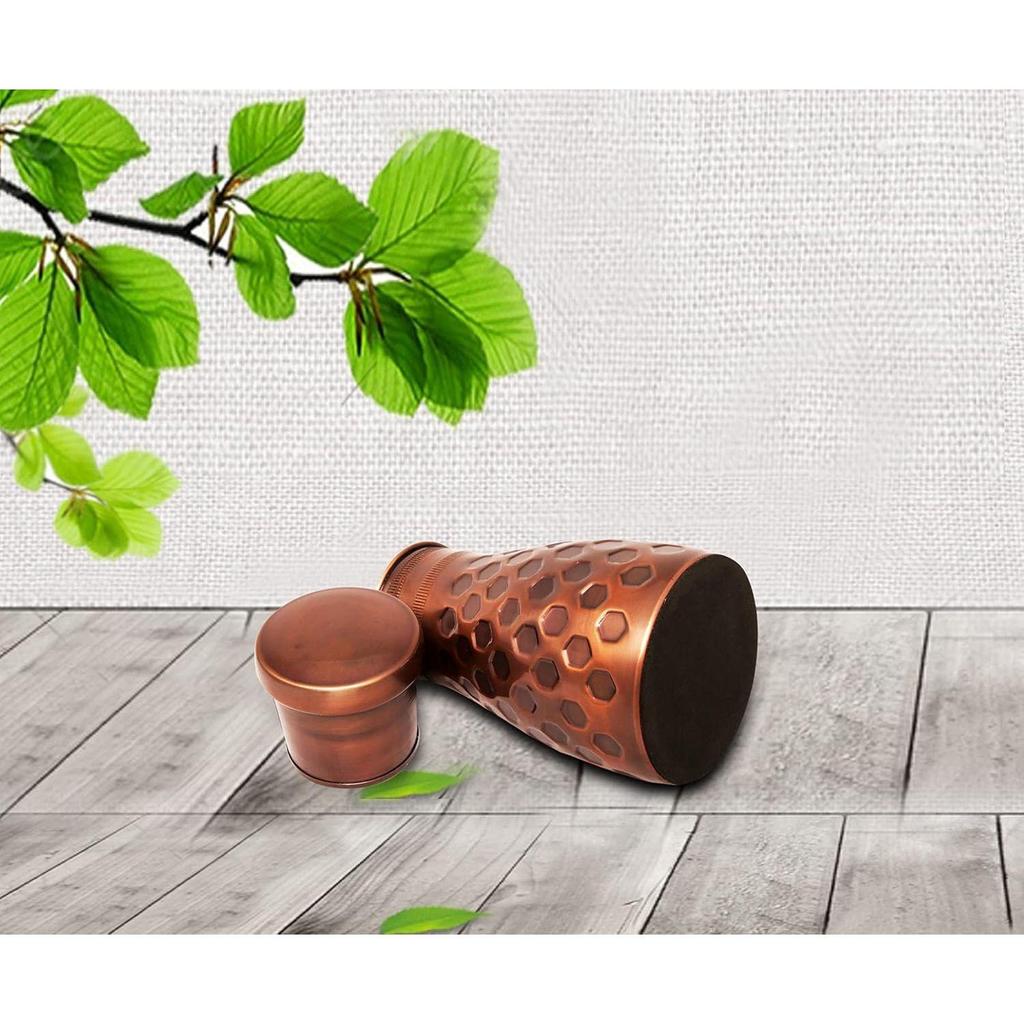 Copper Bedroom Jar with Inbuilt Glass | Rarity Diamond Design | Handcrafted, Leakproof, Jointless | Ayurvedic Benefits, Antioxidant Properties |