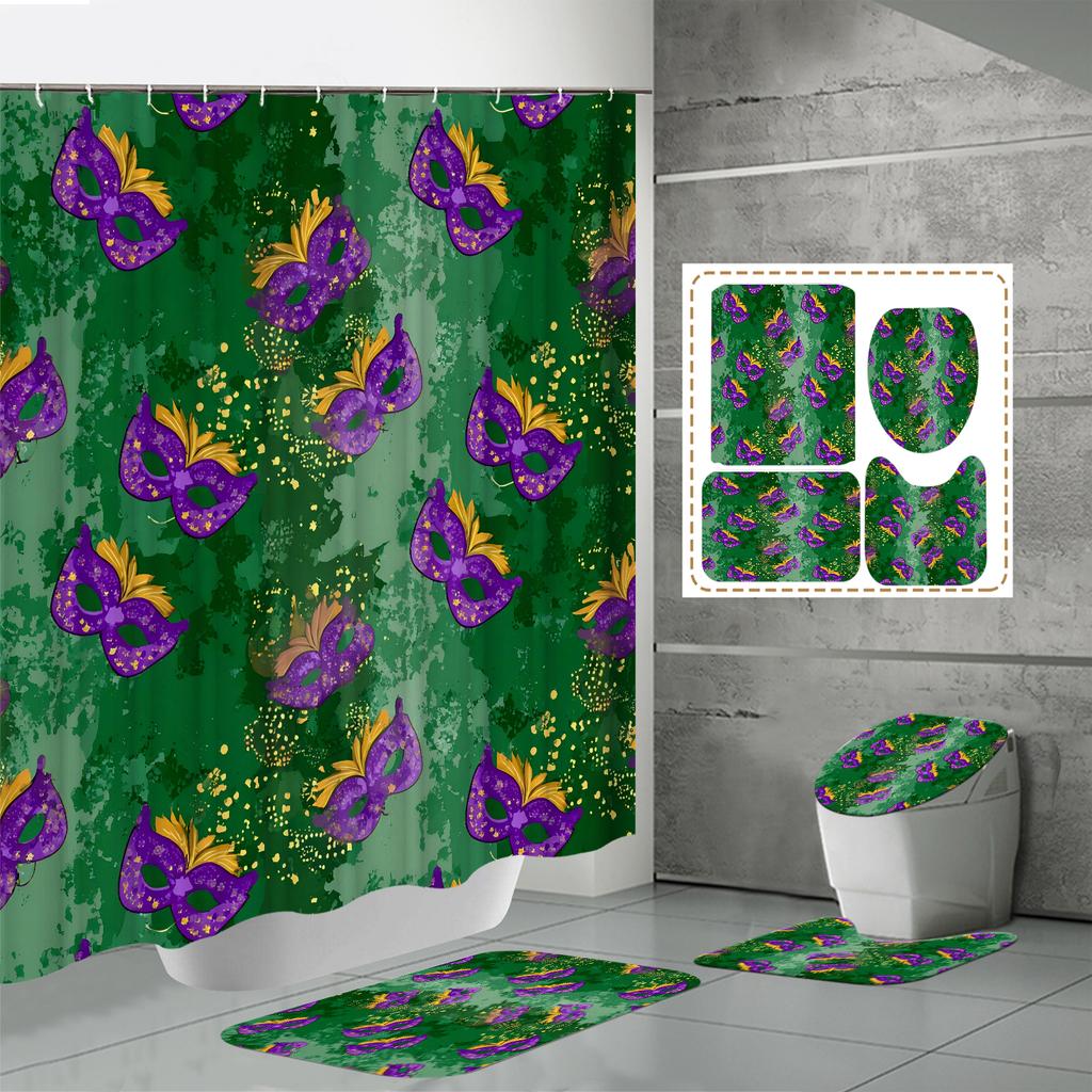 4 STÜCKE Duschvorhangsets Mit Duschvorhang Und Teppichen Toilettendeckelteppich U-Form Matte Und Badematte Badezimmerset Mit 12 Haken