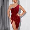 European and American Autumn and Winter Slanted Shoulder Dress, Christmas Velvet Sequined Fishbone Pleated Split Hip Dress Dress