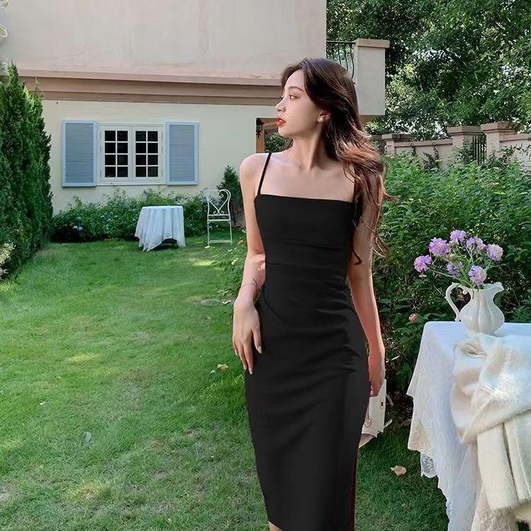 Temperament Spring and Summer New Folded French Pink Dress Waist High Sense Skinny Split Suspender Long Dress