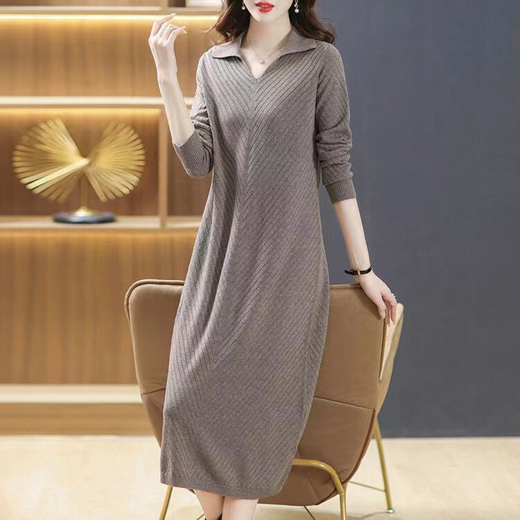 Large size new sweater skirt fat mm mother dress medium and long medium and wide too autumn and winter knitted bottoming shirt