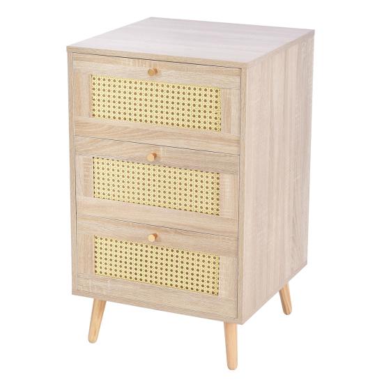 Modern Nightstand Side Table with 2 Drawers Rattan Front Oak Grain Solid Wood Legs Bedroom Small Spaces Bedside Table Natural Square Accent Table