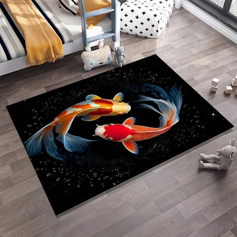Koi Fish Pattern Carpet with Black Background, Modern Home Decor Rug Suitable for use as an anti-slip for living room bedroom sofas