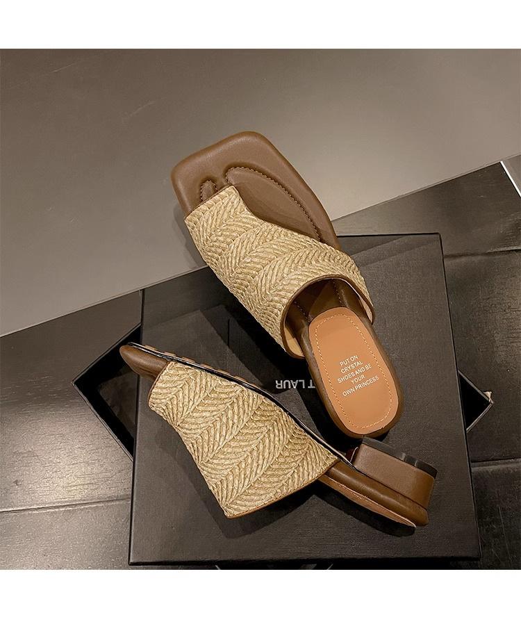 French retro vacation style woven toe cool slippers women's summer wear niche high heel thick heel set toe slippers
