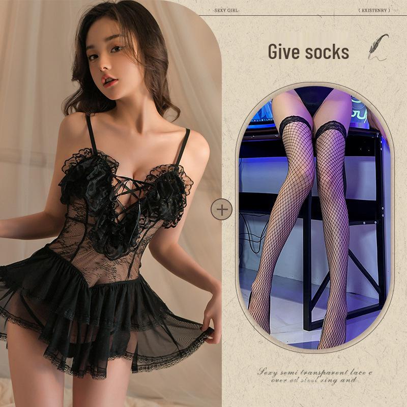 Sexy Lace Suspender Nightgown - Deep V, Temptation, Hollow-Out Thin Strap