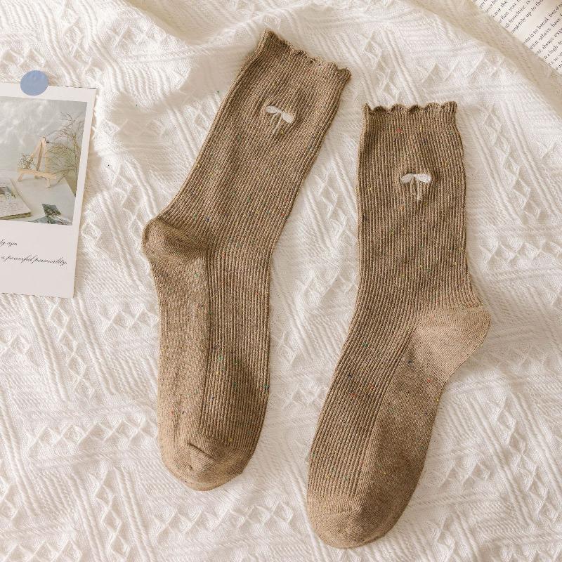 Pointed Yarn Pile Socks - Children's Autumn and Winter Embroidered Bow Tie Mid-calf Socks, Trendy and Versatile Lace Long Socks
