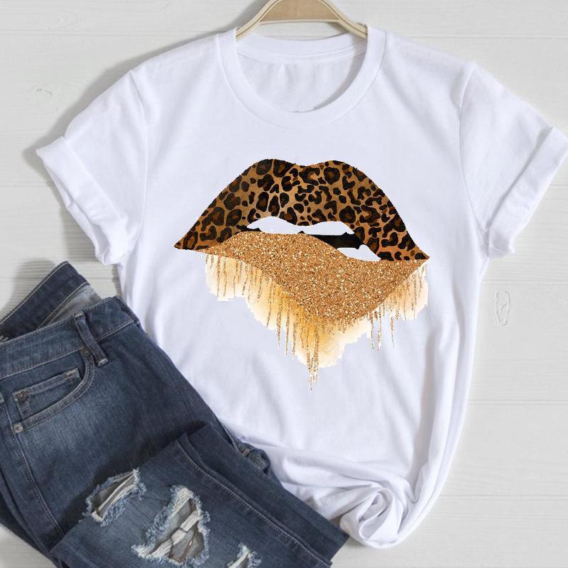 Sommar Dammode Tryckta Läppar Ren Bomull Rund Hals Lös T-shirt Dam