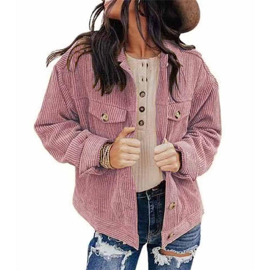 Women's  And Winter Loose Corduroy Lapel Double Pockets Long-Sleeved Shirt Jacket