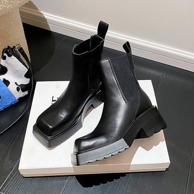 Fashion Genuine Leather Ankle Boots Women Chunky Heel Chelsea Boots Square Toe High Heeled Fashion Designer Boots for Women Botas Mujer