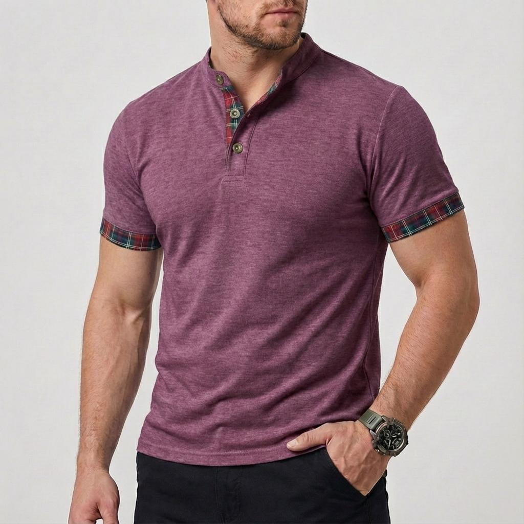 Men's Casual and Fashionable Color-blocked Checkered Shirt, Men's Short-sleeved Stand-up Collar Fitted Top