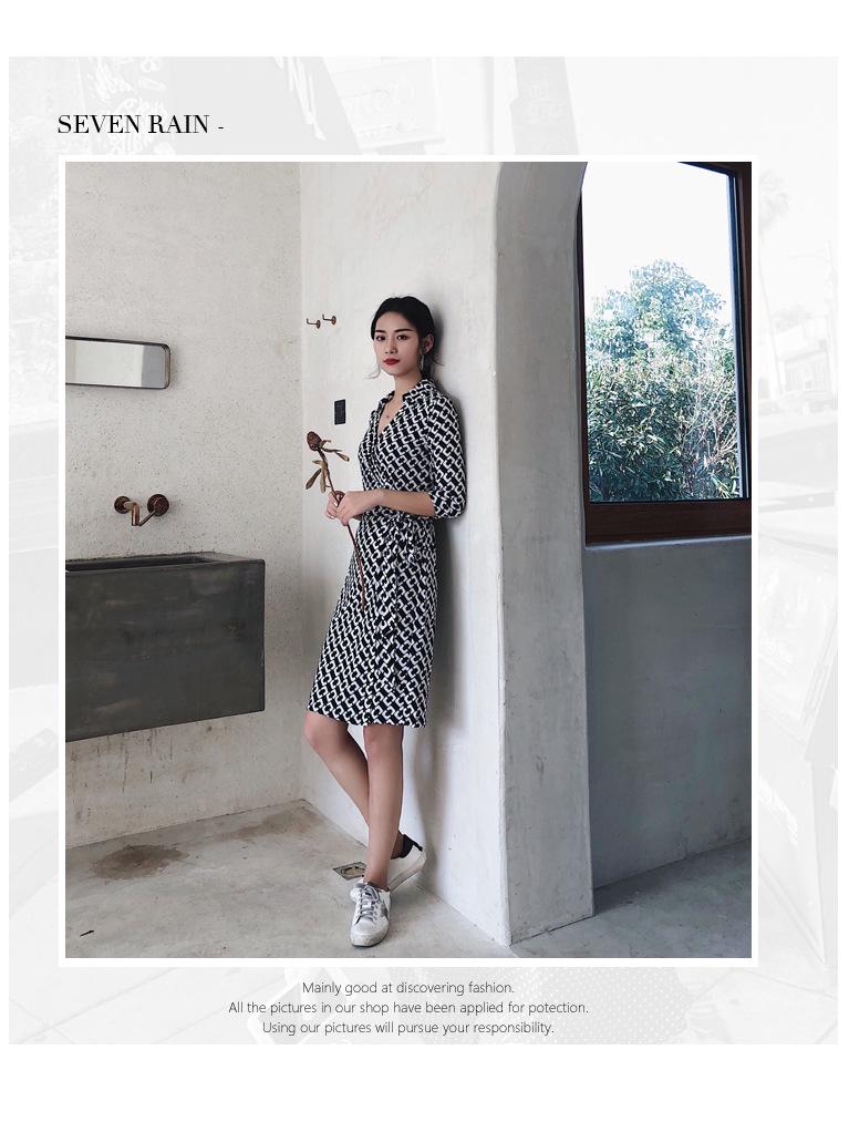 Women's Stand Collar High Waist Wrap Dress - Black & White, 3/4 Sleeve for Summer/Autumn