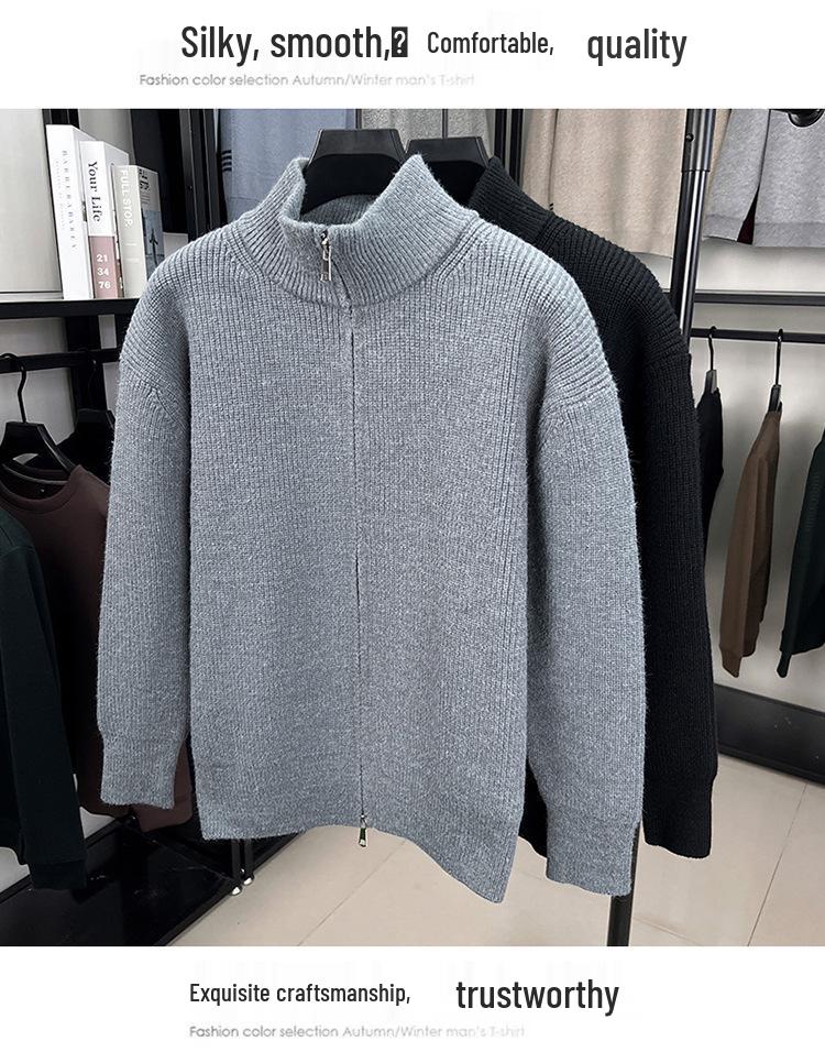 Men's Versatile Thick Knit Cardigan with Stand Collar Zipper - Autumn/Winter 2025 Warm Sweater