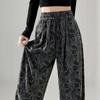New Spring Autumn Retro Jacquard Casual Wide-leg Pants Women In Autumn High Waist Loose Elastic Waist Straight Pants