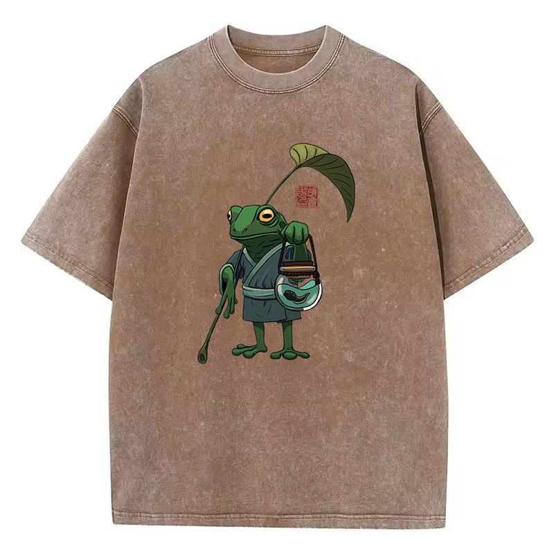 T-shirt Vintage Płukana Bawełna Styl Japoński Żaba Grafika Anime T-shirt Casual Streetwear Wiosna Lato