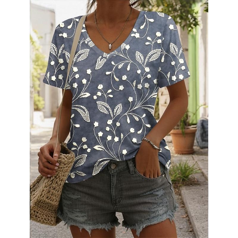 Women s T Shirt Ombre Floral Graphic Casual Short Sleeve V Neck Regular Tops S