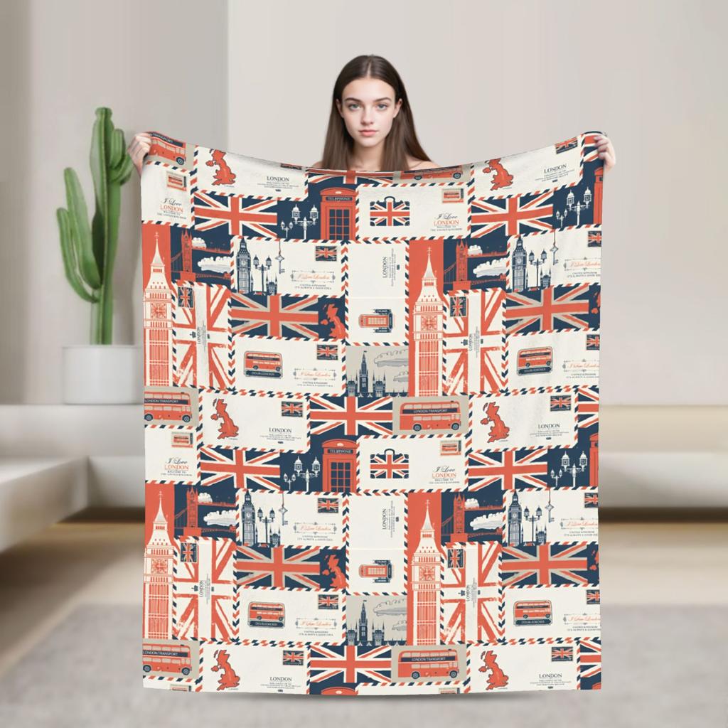 Union Jack Flag Knitted Fashion Blanket Flannel UK United Kingdom Great Britain British Warm Throw Fashion Blanket for Outdoor Travel Breath