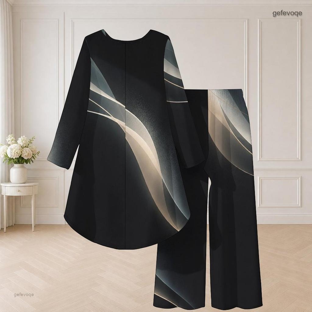 Women Plus Size Black Gold Printed Round Neck Long Sleeve High Low Top Wide Leg Pants Two Piece Set