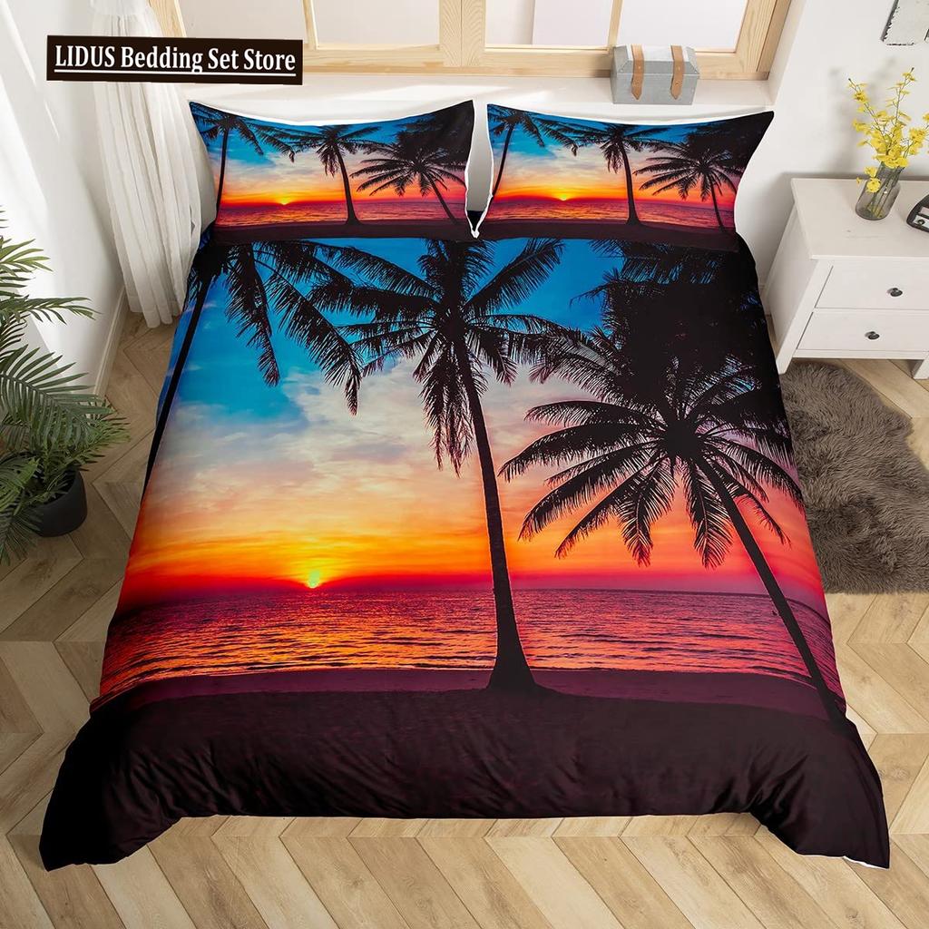 Letni Zestaw Poszwy na Kołdrę Queen Plażowy Zestaw Pościeli Oceanicznej Hawajskie Palmy Życie Morskie Fale Morskie Ryby Nadruk Zestaw Poszwy na Kołdrę