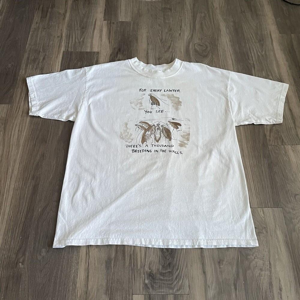 

Vintage Lawyer ; XL White Funny “Breeding in the Walls” Cockroach Graphic Unisex T-Shirt XXXL