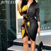 BITCED Women's Summer V-Neck Tie Solid Colour Long Sleeve Mid-Length Shirt Dresses