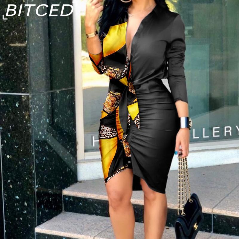 BITCED Women's Summer V-Neck Tie Solid Colour Long Sleeve Mid-Length Shirt Dresses