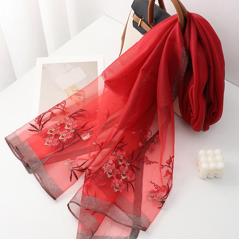 Four Season silk wool scarf women hijab pashmina shawls wrap Bandana Blanket Floral Pashmina Embroidery Scarves Foulard