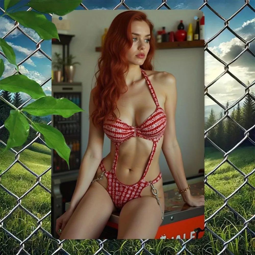 Vintage 1950s Retro Metal Wall Sign Bikini Girl Iron Poster for Bar Cafe Home