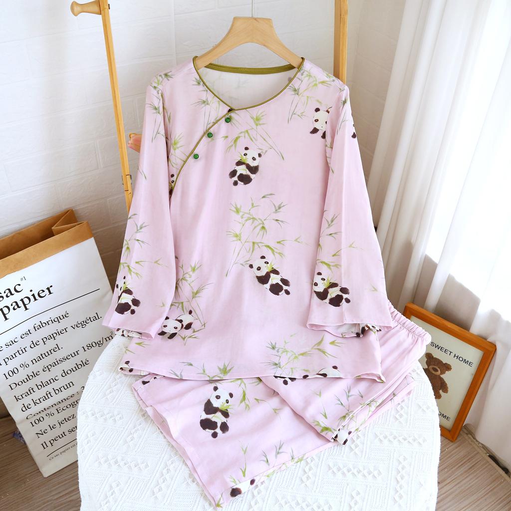 New Chinese style pajamas two-piece set breathable loose women's summer set retro large size bamboo fiber loungewear