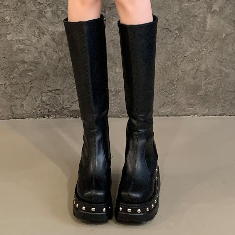 Women Knee High Boots Soft Leather Platform Round Toe Long Shoes Woman High Heeled Motorcycle Boots Elegant Lady Boots