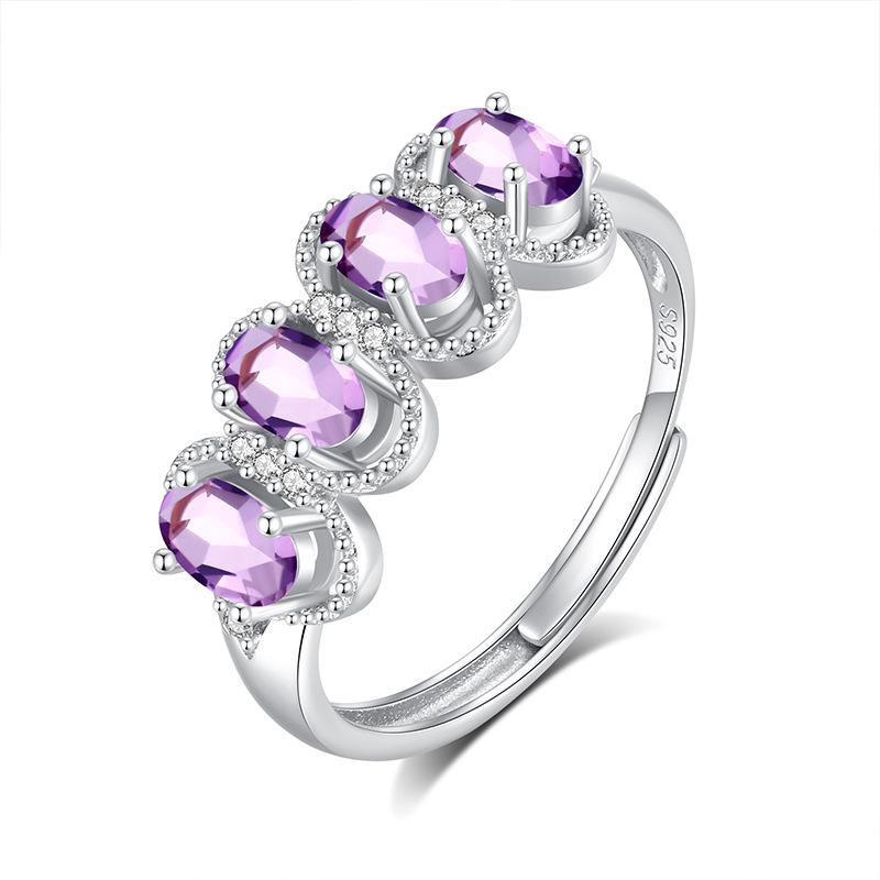 

Natural crystal stone row ring s925 sterling silver ring women s adjustable European and American high-end light luxury jewelry fashion jewelry gifts