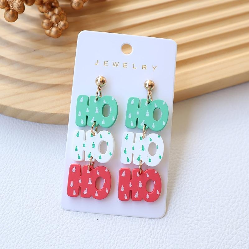 Christmas acrylic imitation soft pottery paint earrings personalized letters Christmas tree print earrings holiday earrings female