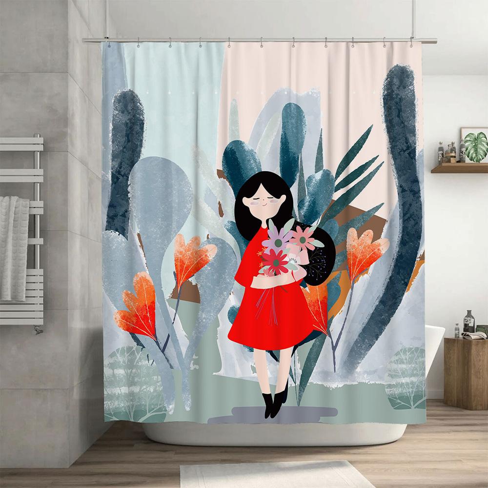 Modern Home Decor Shower Curtain With Floral Design Featuring A Cute Girl Holding Flowers Blue White Floral Print Easy Installat