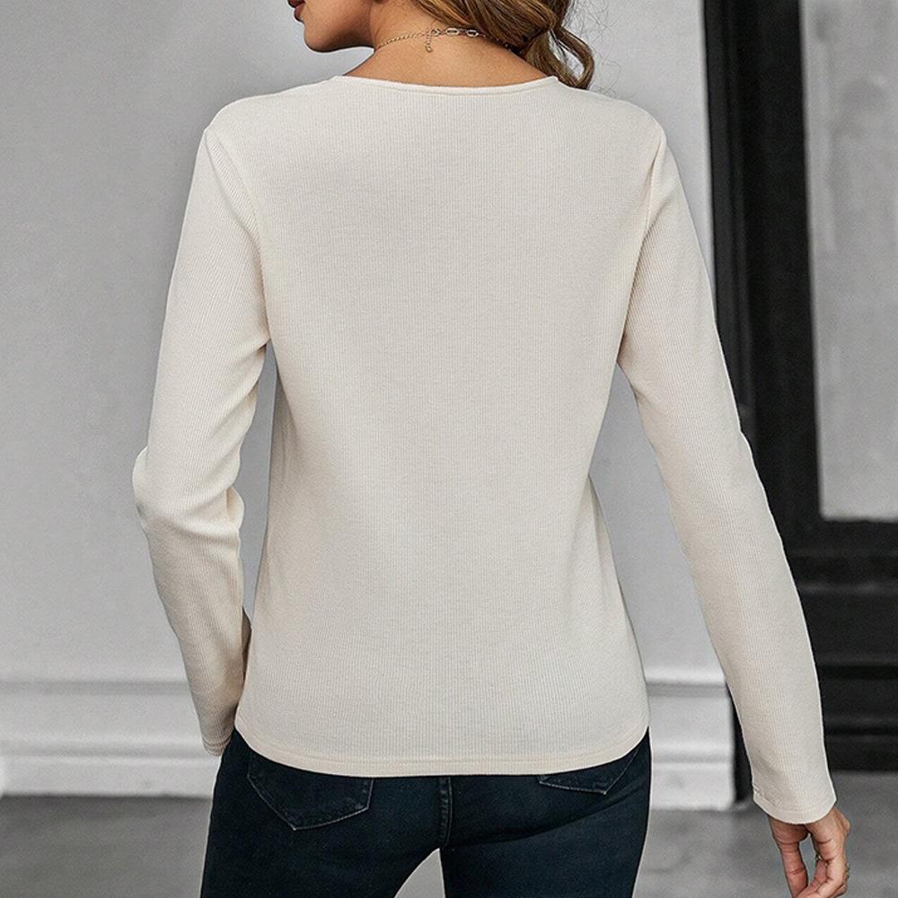 DAFIFY Women's Fashion Casual Spring Autumn Solid Color Print Long Sleeve V-Neck Blouses & Shirts