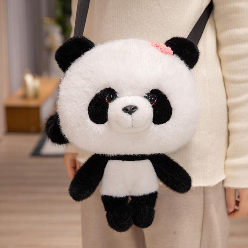 Cute Giant Panda Hat Winter Warm Ears Furry Cartoon Hat Girls Out Of The Street Backpack Oblique Span Bag