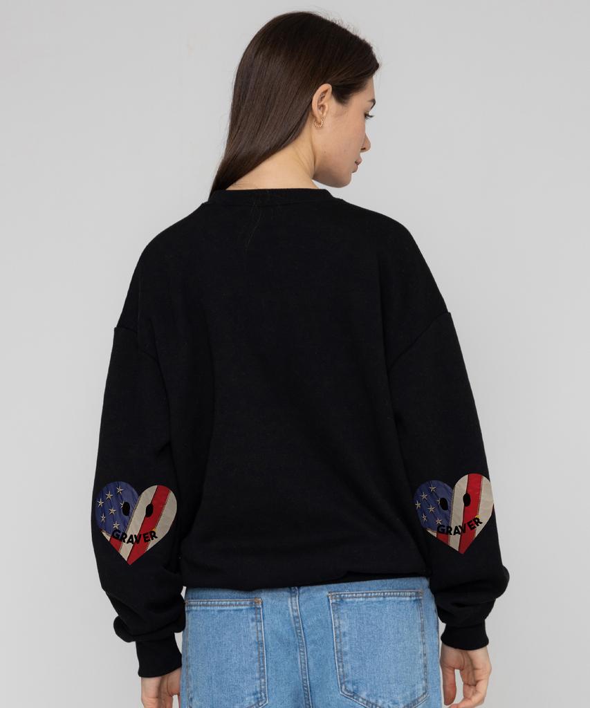 GRAVER [Unisex] Elbow American Flag Smile Heart Sweatshirt_Black