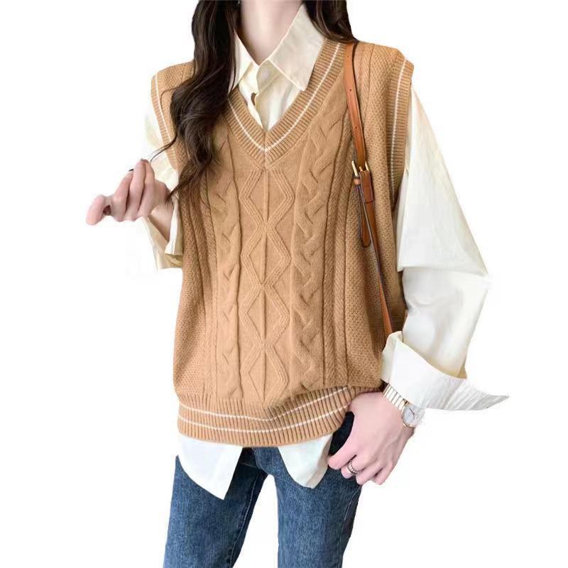 Women's Loose V-Neck Knitted Vest - Japanese Lazy Style, Age-Reducing Sleeveless Sweater for JK Uniforms
