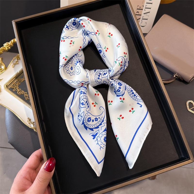 1PCS Purple Scarf Cherry Qimeng Printed Silk Scarf Square Scarf Premium Shawl Sunscreen Neck Small Square Scarf Headscarf