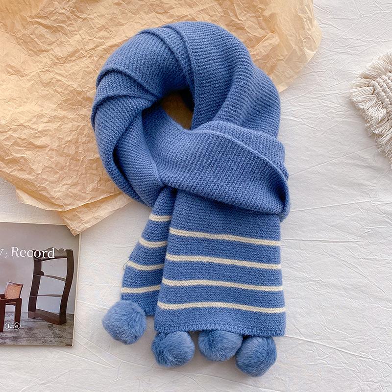 Striped Knitted Wool Scarf Women's Winter Red Hairball Scarf Warm Cute Girl Birthday Gift