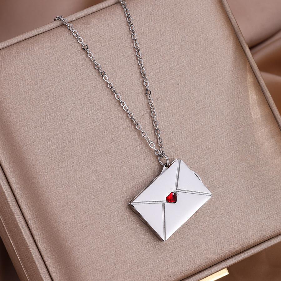 Stainless Steel Envelope Pendant Necklace for Women with Keychain Heart Shaped Locket Jewelry Gift