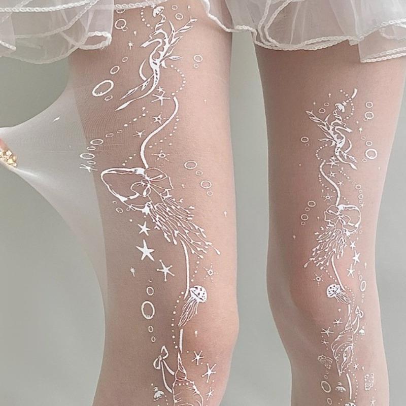 

1 Pair of Ocean Print White Socks, Pure Desire Cute Women s Socks, Spring and Summer Thin White Socks