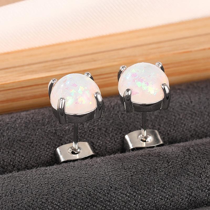 Round Synthetic Opal Earrings, Four Pronged Bezel Set White Fire Opal Women's Earrings, Minimalist Basic Jewelry Gift
