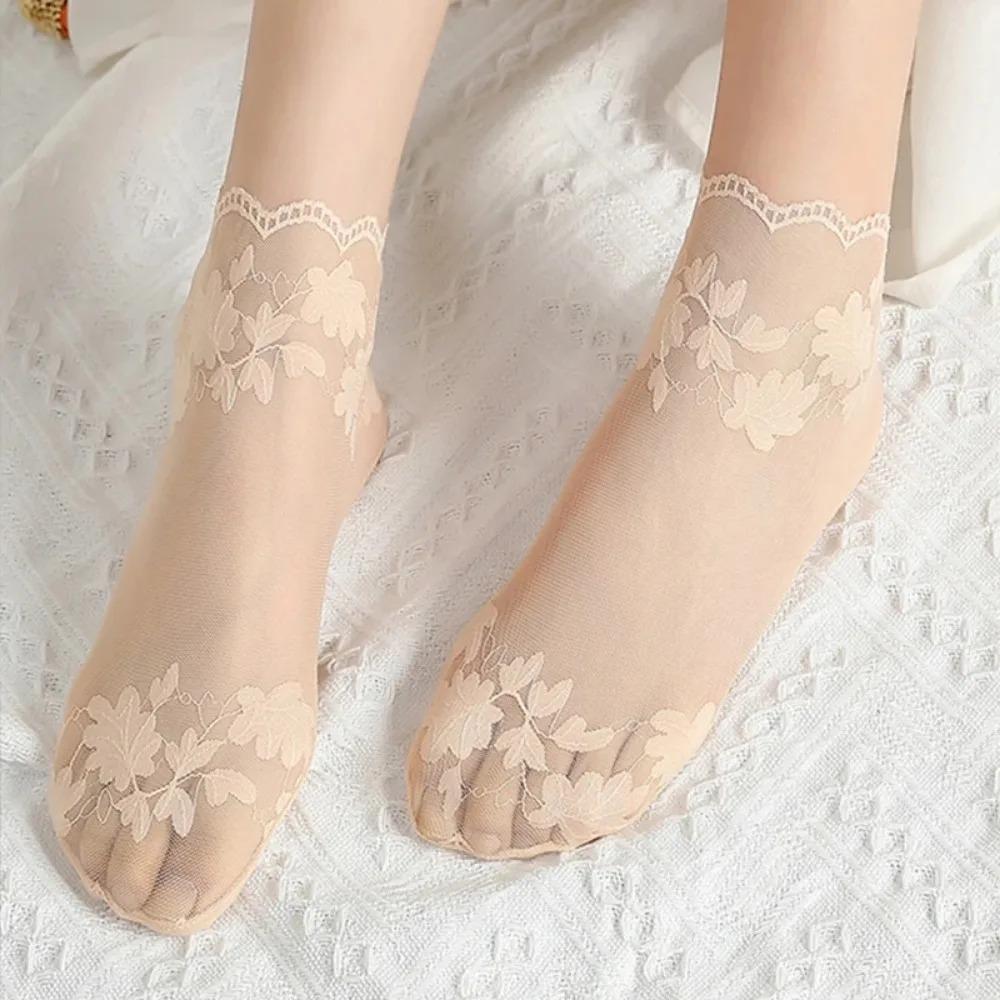 Women Lace Transparent Boat Socks, Lolita Style Invisible Ankle Socks, Summer Thin Non-slip Low Cut Short Socks