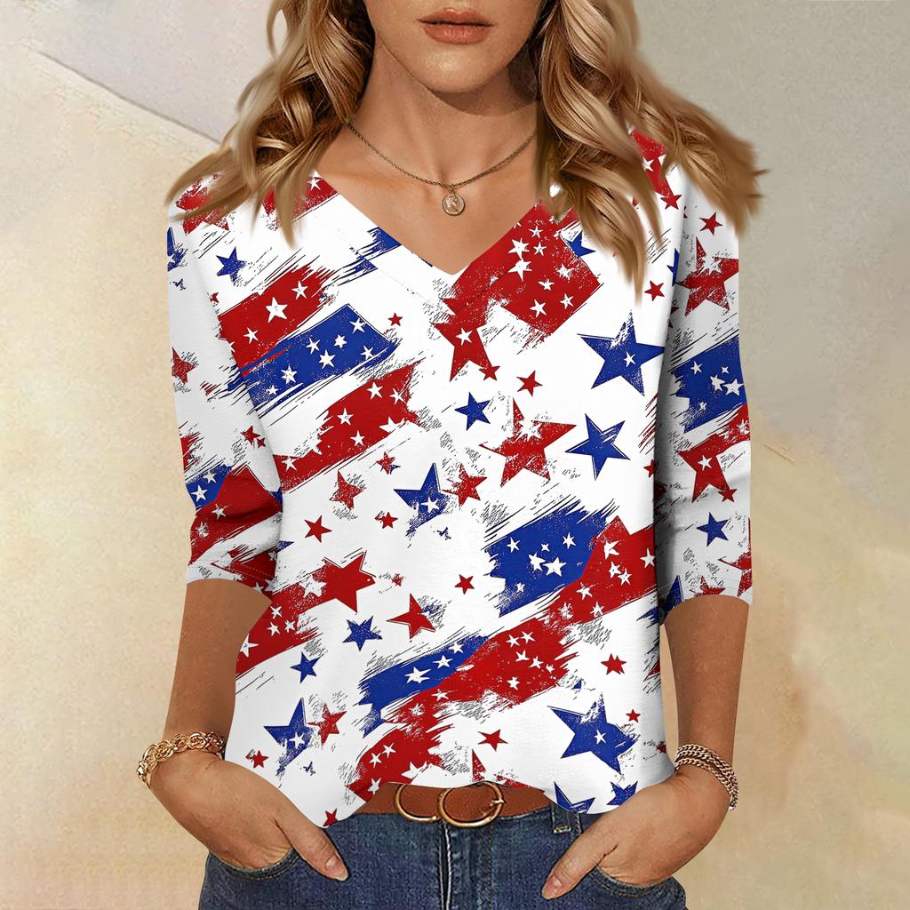 Women's Tops Three-quarter Sleeve Shirt V-neck Loose Casual Shirt Print T-shirt