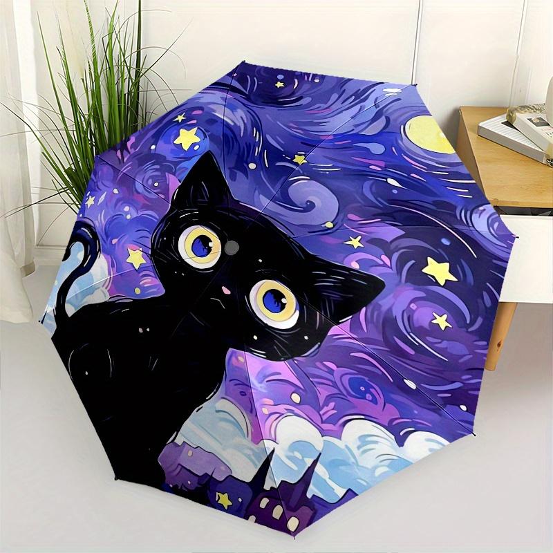 

Black Cat, Starry Night Automatic Folding Umbrella 8 Ribs, Durable Iron Frame, Bright Color Pattern Compact Travel Umbrella, Suitable for O