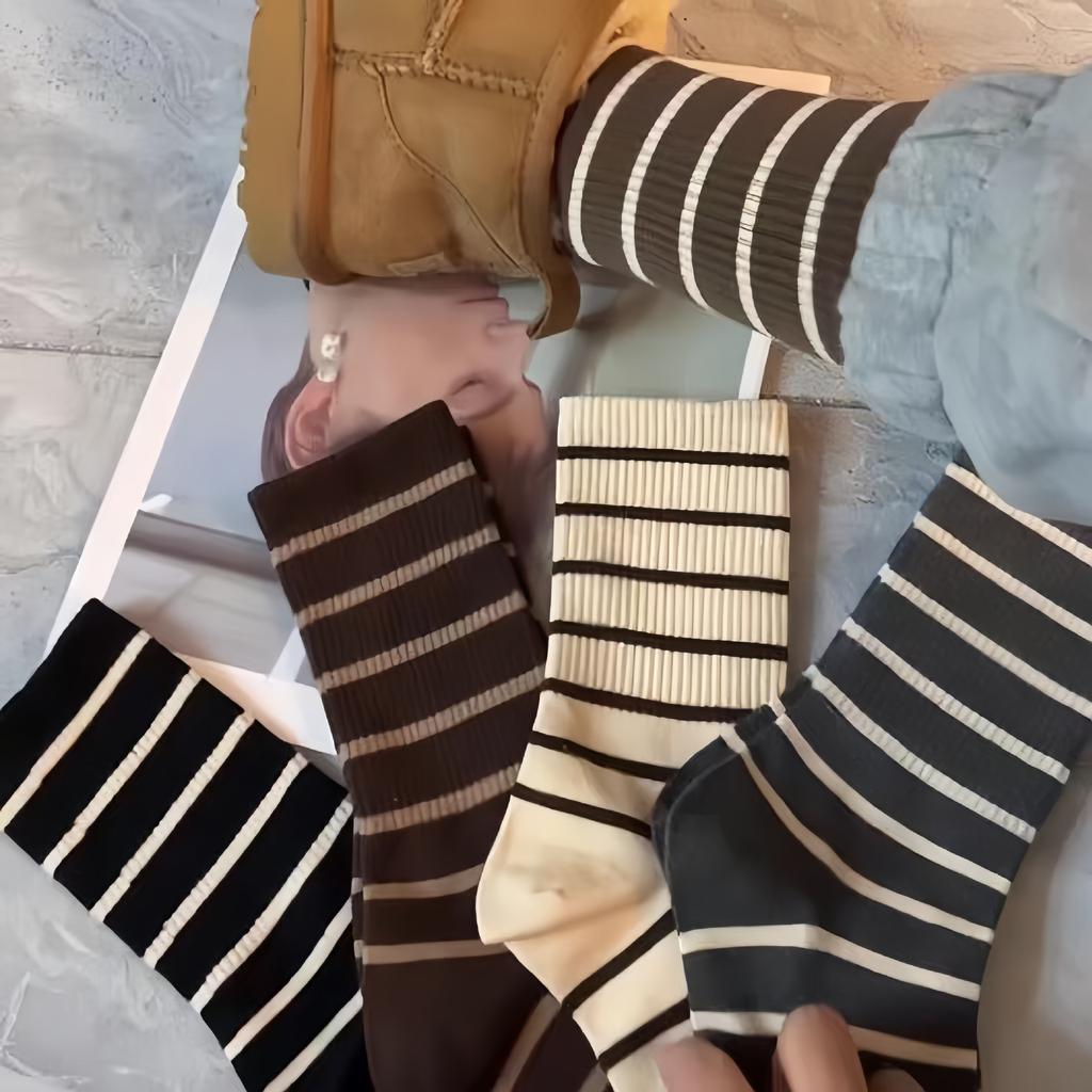 5 Paar Gestreifte Bärensocken Damen Mittelrohr Retro Kaffeefarbe Langrohr Sportsocken Damen Mittelrohrsocken
