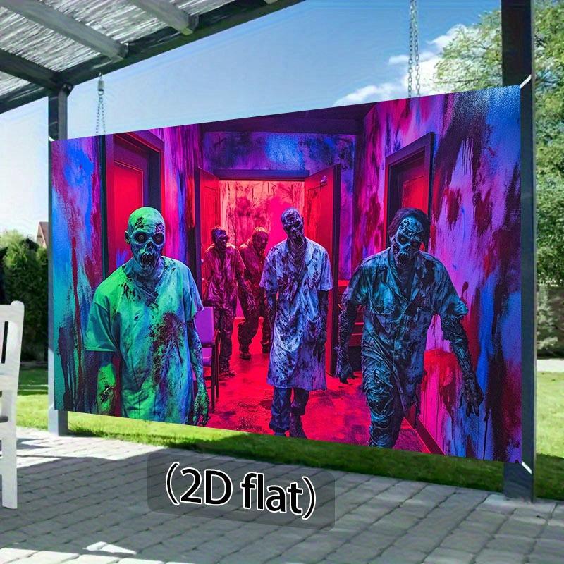 Zombie Revelation Background, 4 Zombies, Blood-stained Walls and Neon Lights, Halloween Party Decorations, Durable Polyester